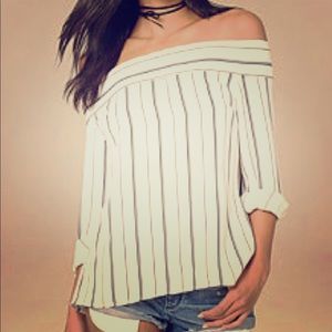 Bebe Pinstripe off the Shoulder Blouse